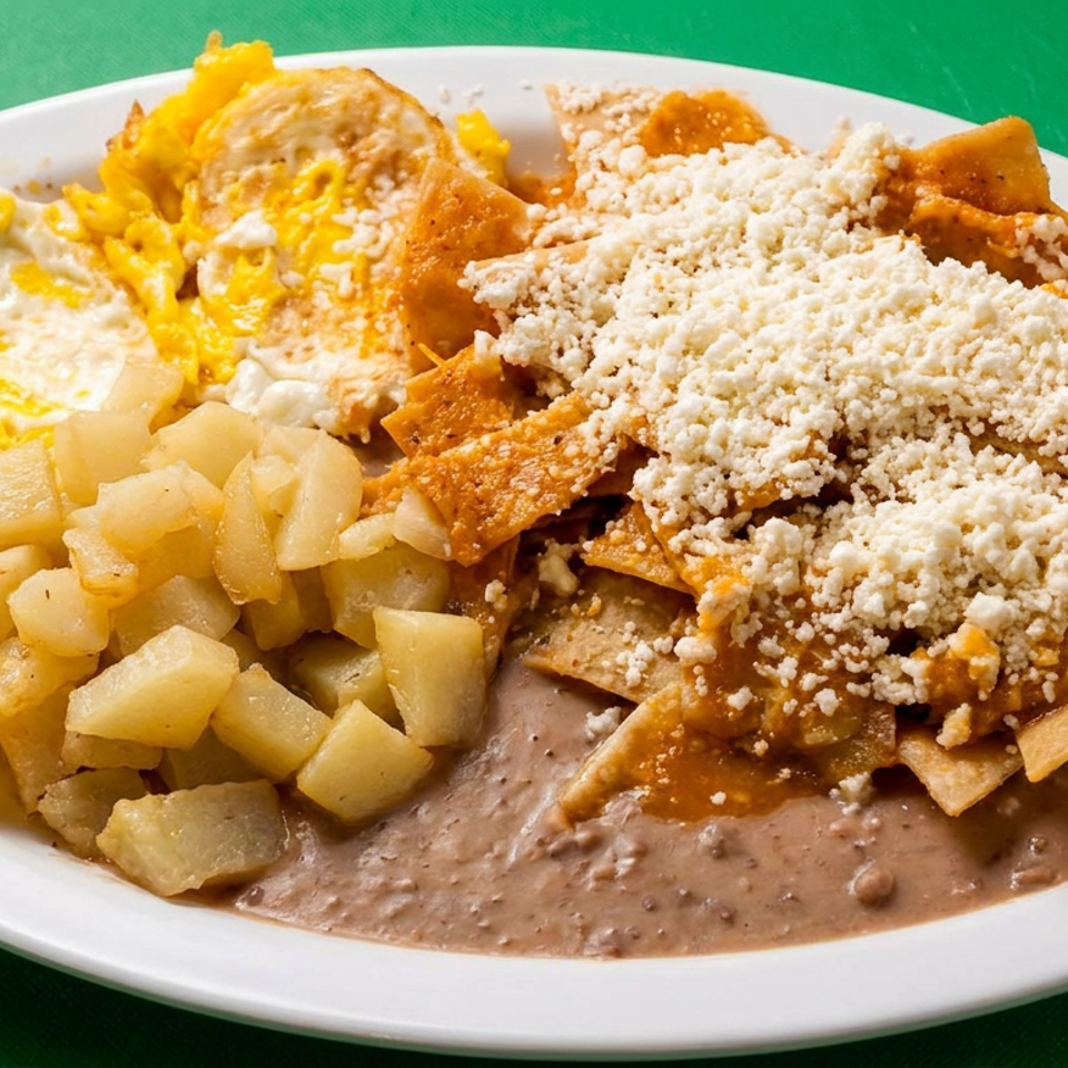 Mexican breakfast platter with scrambled eggs, potatoes, refried beans, and cheese-topped chilaquiles on a white plate.