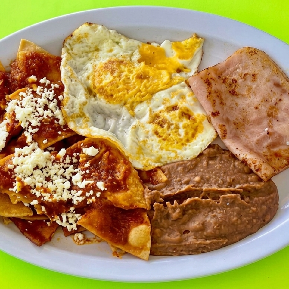 Mexican breakfast platter with red-sauced chilaquiles, fried eggs, refried beans, and ham on a white plate.