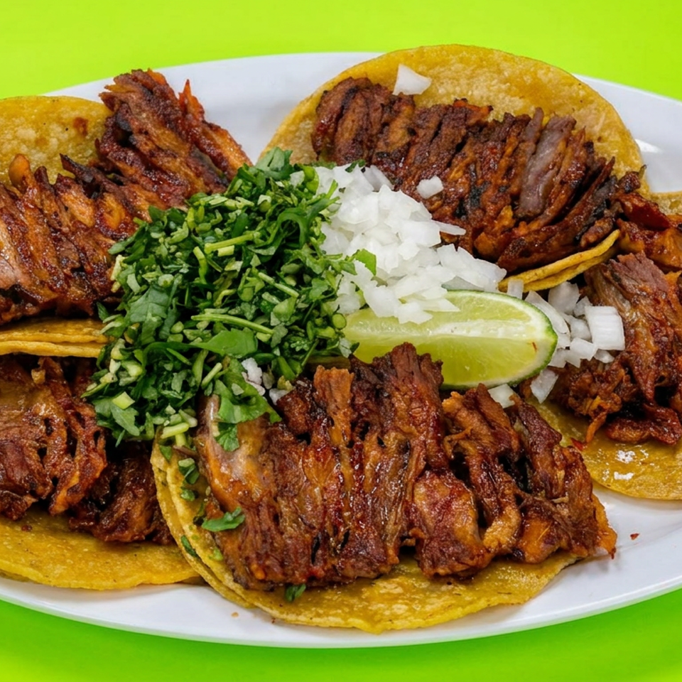 Plate of four tacos filled with grilled meat, topped with chopped cilantro and onion, with a lime wedge on a bright green background.