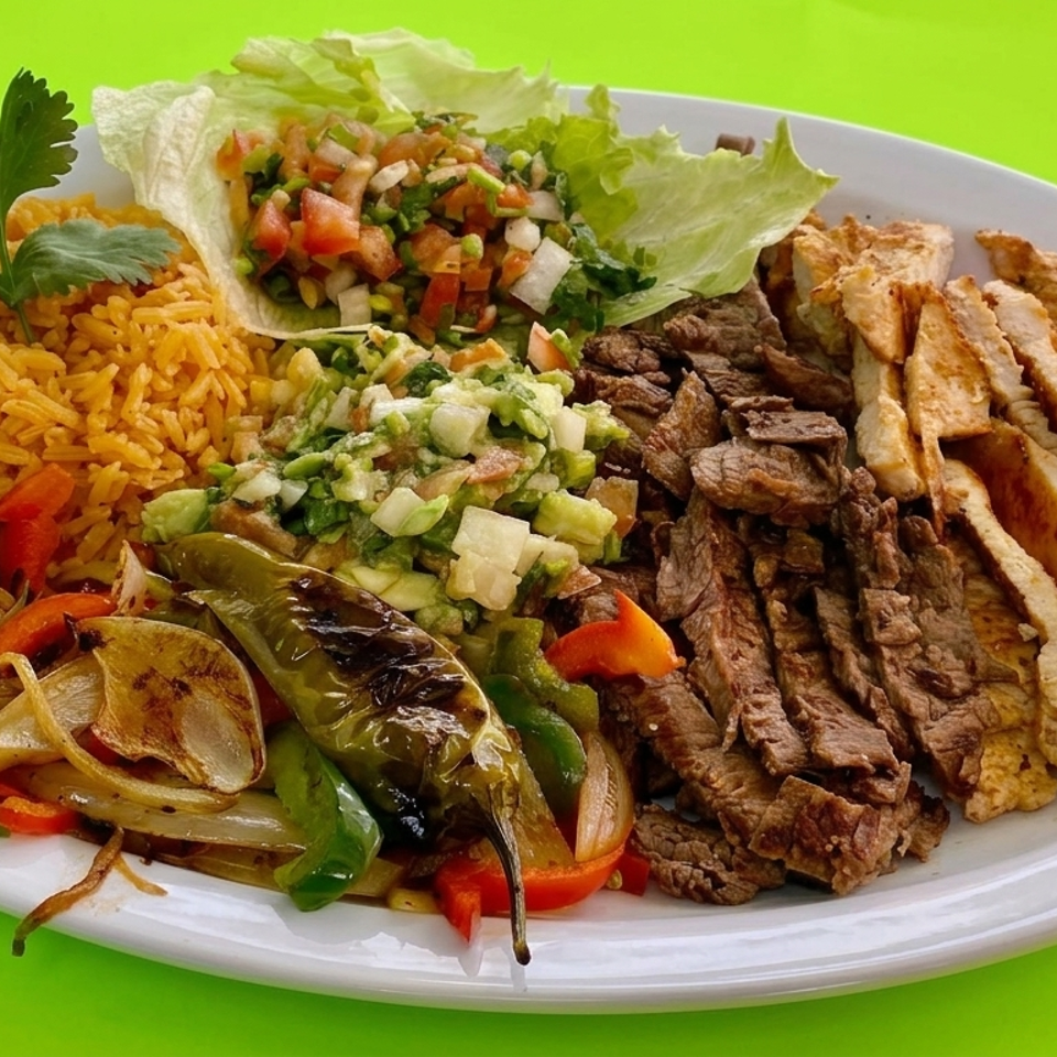 Platter of grilled chicken and beef with rice, sautéed peppers and onions, chopped salad, and lettuce cup.