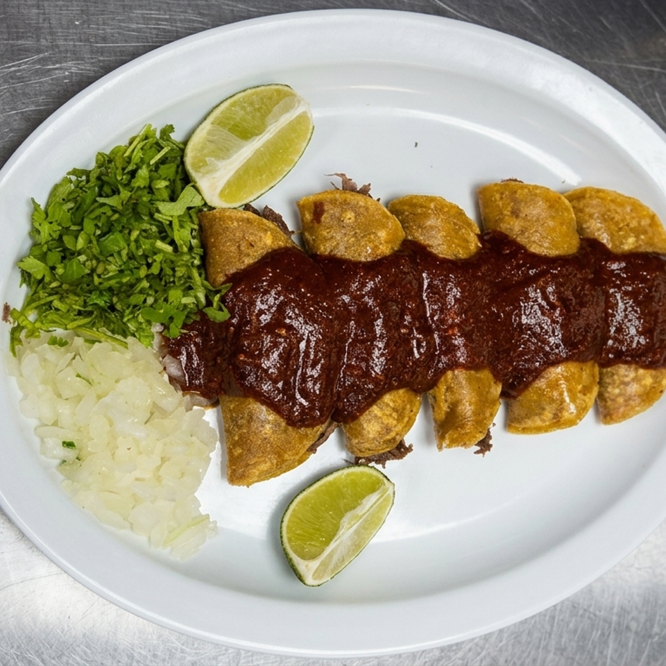 Plate of golden fried tacos covered in red sauce, served with chopped greens, onions, and lime wedges.