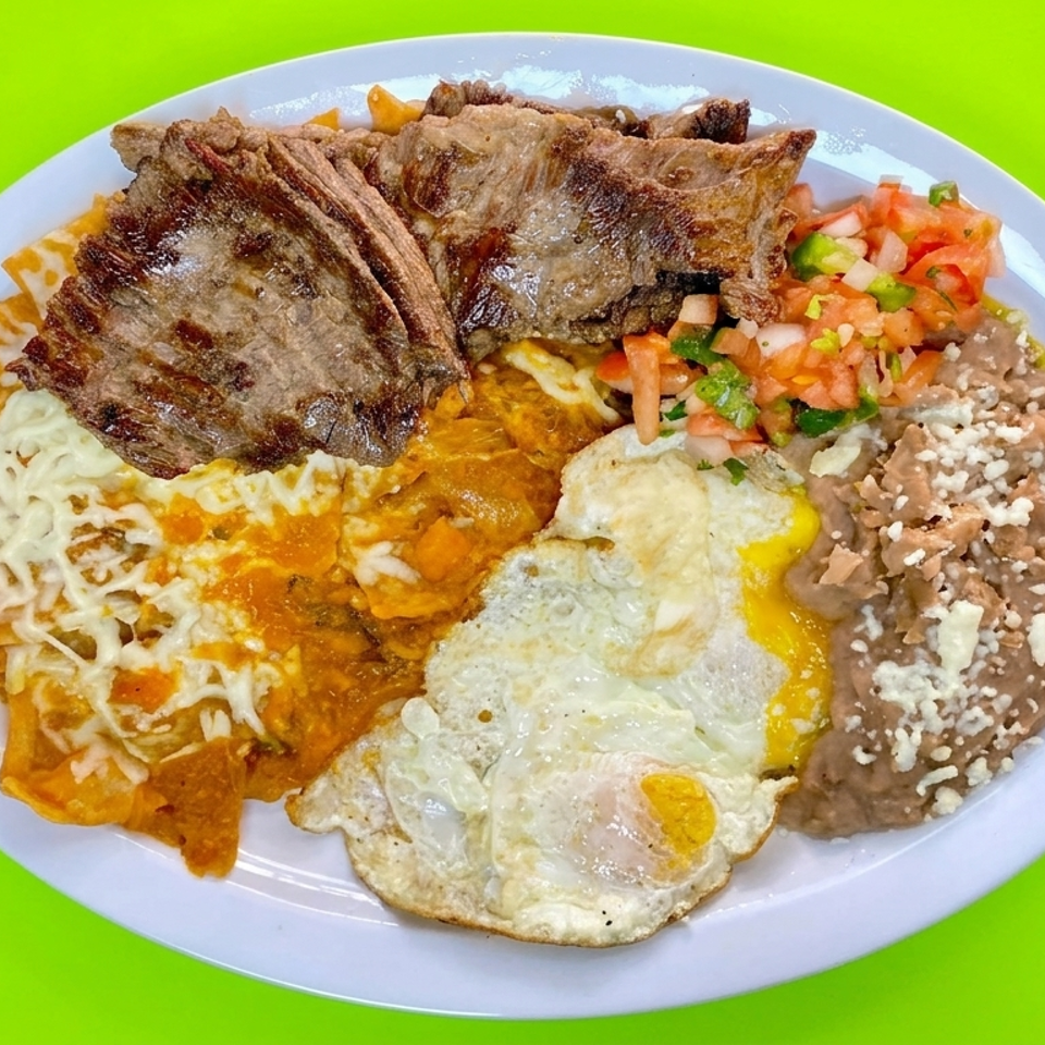 Plate of grilled meat, fried eggs, refried beans, rice, cheese-topped enchiladas, and fresh salsa on a bright green table.
