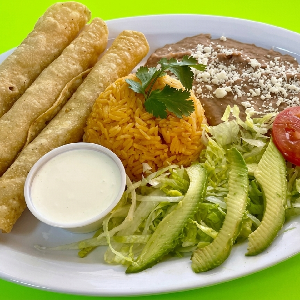 Plate of rolled tacos with Mexican rice, refried beans, salad, tomato, cilantro, and a cup of creamy sauce.
