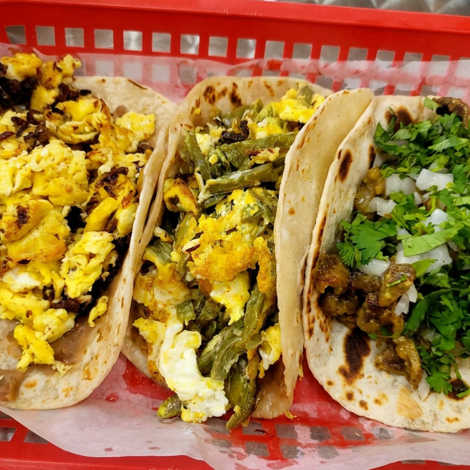 Three soft tacos in a red basket, filled with scrambled eggs, vegetables, and meat, topped with cilantro and diced onions.