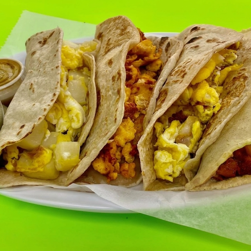 Plate of soft tacos filled with scrambled eggs, potatoes, and seasoned meat, served with two dipping sauces.