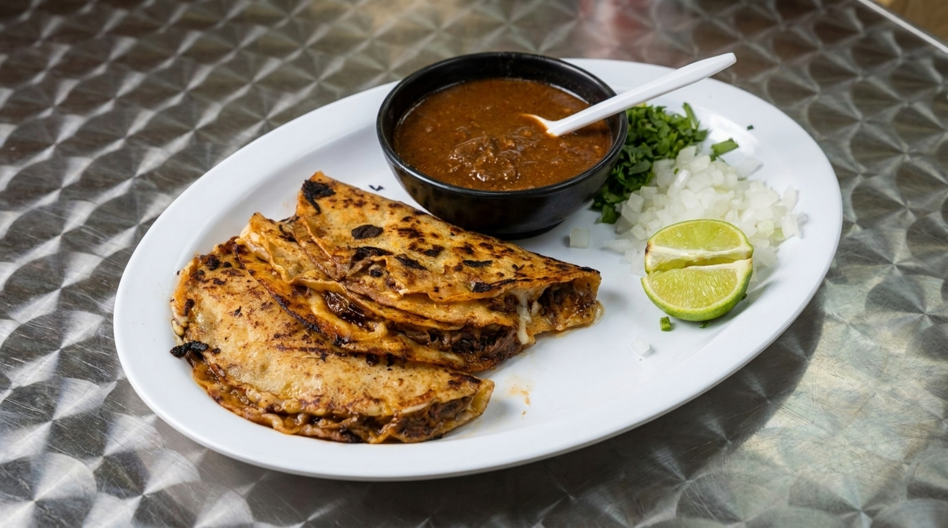 Quesabirrias, beans and both salsas